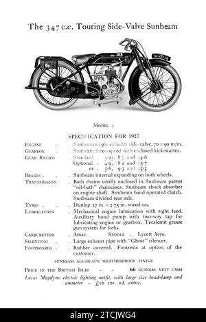 Page of a 1927 Sunbeam Motorbike advertising brochure showing new motorcycles for sale Stock Photo