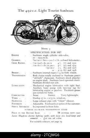 Page of a 1927 Sunbeam Motorbike advertising brochure showing new motorcycles for sale Stock Photo