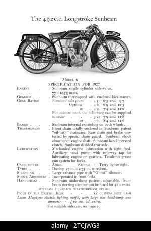 Page of a 1927 Sunbeam Motorbike advertising brochure showing new motorcycles for sale Stock Photo