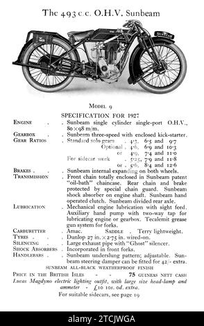 Page of a 1927 Sunbeam Motorbike advertising brochure showing new motorcycles for sale Stock Photo