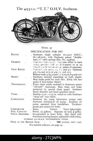 Page of a 1927 Sunbeam Motorbike advertising brochure showing new motorcycles for sale Stock Photo