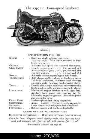 Page of a 1927 Sunbeam Motorbike advertising brochure showing new motorcycles for sale Stock Photo