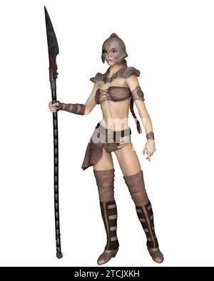 Female Fantasy Barbarian Hunter Waiting with Spear Stock Photo