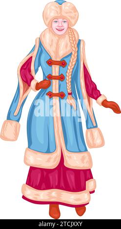 Snow Maiden with long braid in an ancient fur coat with long sleeves.  Vector illustration of granddaughter of Ded Moroz in an ancient fur coat Stock Vector