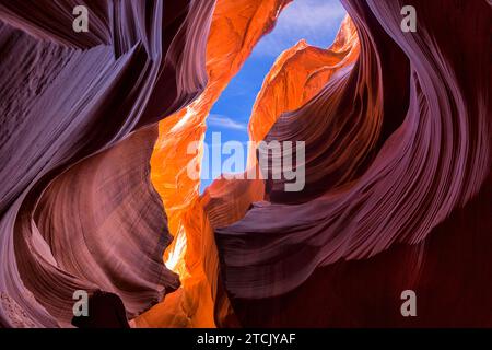 Beautiful wide angle view of amazing sandstone formations in famous Lower Antelope Canyon near the historic town of Page at Lake Powell, American Sout Stock Photo