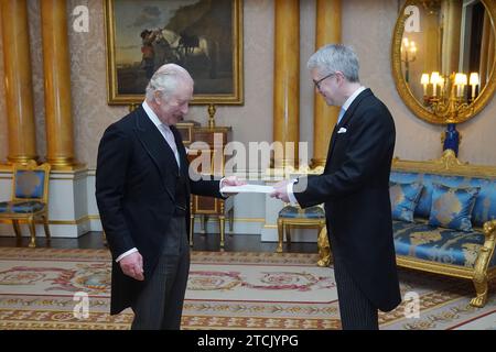 The Ambassador of Sweden, Stefan Gullgren, presents his credentials to King Charles III during a private audience at Buckingham Palace, London. Picture date: Wednesday December 13, 2023. Stock Photo