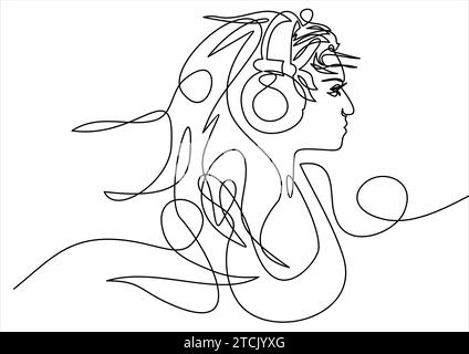 continuous single drawn one line. girl woman listens to music with headphones Stock Vector