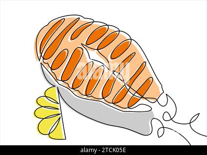 Continuous line drawing. Salmon steak with lemon Stock Vector
