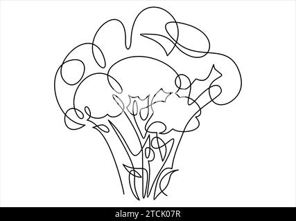 continuous single drawn one line broccoli vegetables hand-drawn picture silhouette. Stock Vector