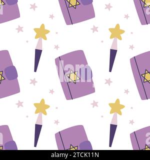 Magic book of spells and magic wand seamless pattern. Background with attributes of witchcraft. Hand drawn wizard or sorcerer items, flat style Stock Vector