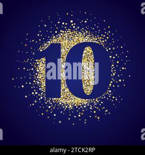 Top 10 icon design with golden backdrop. Happy 10th anniversary greetings. Isolated gold ball and number 10 with blue gradient. Creative decoration. Stock Vector