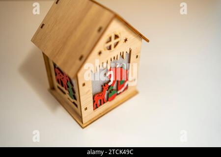 Santa and reindeer wooden cabin from above Stock Photo