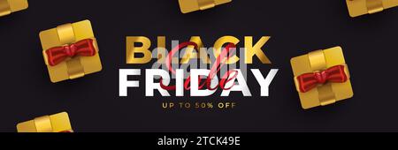 Black Friday Sale Banner with Realistic Gold Gift Boxes on Black Background. Advertising and Promotion Banner Design for Black Friday Campaign Stock Vector