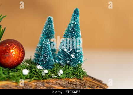 Small Christmas trees decorations with snow Stock Photo