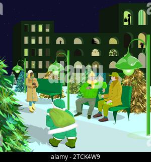Vector illustration of an evening city, on the eve of the Christmas holidays, in green tones. Walks, meetings, communication, buying gifts, friendly a Stock Vector