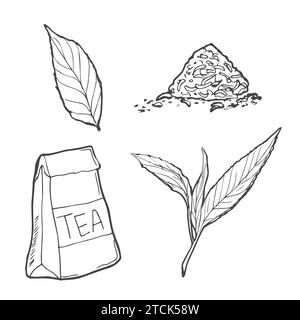 vector tea set, cups, teapot and leafs of tea isolated at white background Stock Vector
