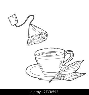 Cup with tea bag hand drawn outline doodle icon. Hot drink - tea cup vector sketch illustration for print, web, mobile and infographics isolated Stock Vector