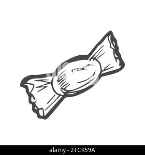 Round candy in a wrapper with a heart. Sweetness as a gift. Valentine's day concept. Linear doodle style. Vector on isolated white background. For pri Stock Vector