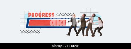 Motivated young people, employees working together on project and company development. Professional progress. Contemporary art collage. Stock Photo