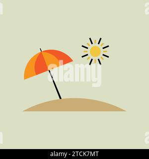 Summer display, pile of sand, sun, beach umbrella, poster design, on yellow background, vector illustration Stock Vector