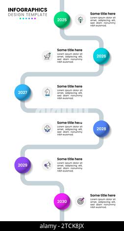 Infographic template with icons and 6 options or steps. Vertical timeline. Can be used for workflow layout, diagram, banner, webdesign. Vector illustr Stock Vector