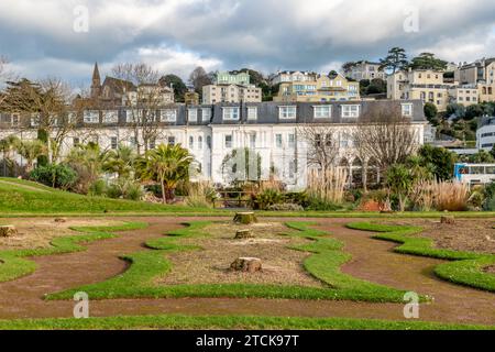 Torquay, UK. 13th Dec, 2023. Torbay council face criticism for felling the iconic palm trees from the seafront Italian Gardens. Tree stumps left. Credit: Thomas Faull/Alamy Live News Stock Photo