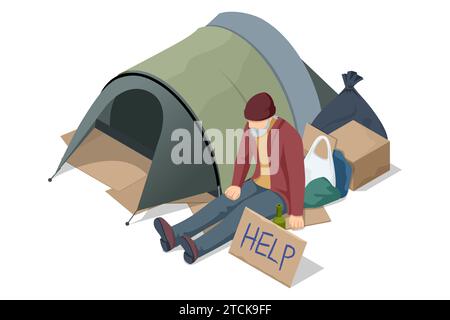 Homeless poor man with beard sitting under blanket with sign Help ...