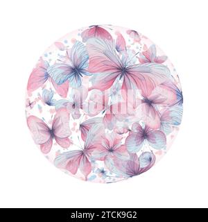 Butterflies are pink, blue, lilac, flying, delicate with wings and splashes of paint. Hand drawn watercolor illustration. Isolated round composition Stock Photo