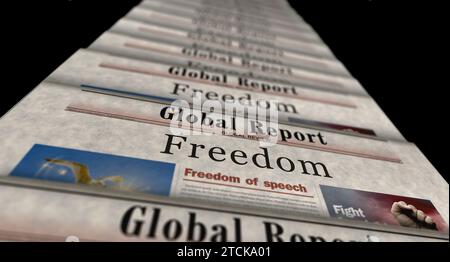 Freedom and liberty vintage news and newspaper printing. Abstract concept retro headlines 3d illustration. Stock Photo