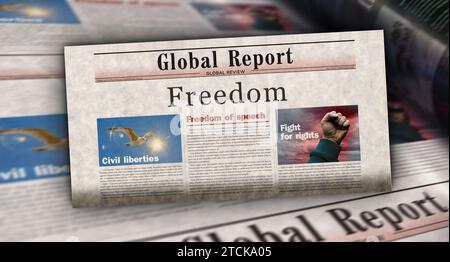 Freedom and liberty vintage news and newspaper printing. Abstract concept retro headlines 3d illustration. Stock Photo