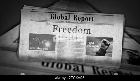 Freedom and liberty vintage news and newspaper printing. Abstract concept retro headlines 3d illustration. Stock Photo