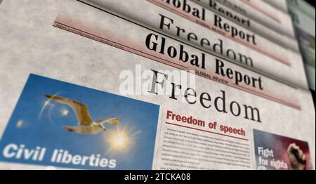 Freedom and liberty vintage news and newspaper printing. Abstract concept retro headlines 3d illustration. Stock Photo