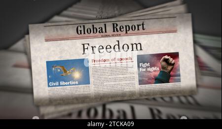 Freedom and liberty vintage news and newspaper printing. Abstract concept retro headlines 3d illustration. Stock Photo