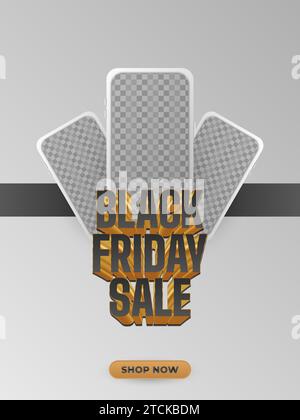 Black Friday sale banner with smartphones and 3d black and gold text on white background Stock Vector