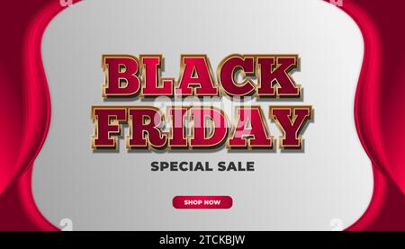 Black Friday sale banner or poster template with 3d red and gold text and red curtains Stock Vector