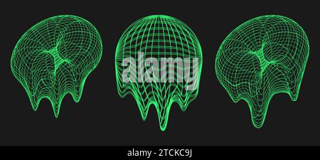 Cyber distorted shapes, retro punk design elements. Melting geometry y2k elements. Isolated wireframe style on black background. Vector trendy Stock Vector