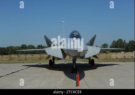 Russian jet fighter Su 57 (according to NATO classification Felon) at the exposition of the international military-technical forum 'Army-2022' Stock Photo