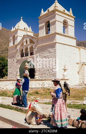 The white Santa Ana Church in Maca village, Colca Valley, Arequipa, Peru Stock Photo