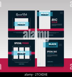 Social media post template for Black Friday sale promotion with black and red concept in minimalist style Stock Vector