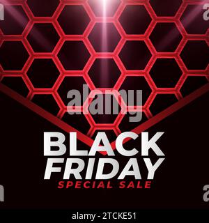 Black Friday sale banner with red hexagon background and glowing light Stock Vector