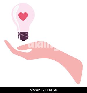 Human Hand Holds and Gives gives to someone lamp with heart inside of it. Concept of creativity business ideas and solutions, Love power. Vector Flat Stock Vector