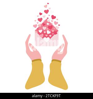 Hands holding love letter, Valentines day envelope with Hearts inside. Greeting Holiday card isolated on white background. Vector Flat Cartoon illustr Stock Vector