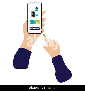 Hand holding Smartphone with online shopping app concept. Technology for online Medicaments business vector Flat illustration. Cartoon design object w Stock Vector