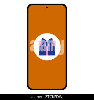 Gift Box on Smartphone Touch screen. Isolated Vector Flat illustration. Giftbox on Mobile Phone Screen. Receiving Surprise Box Online. Digital Purchas Stock Vector