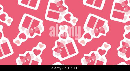 Vector seamless pattern with open white heart shaped gift box with red ribbon bow on blue background. Open gift box seamless pattern. Background for H Stock Vector
