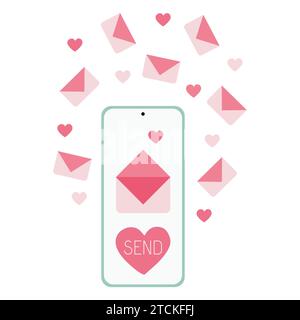 Vector illustration Smartphone with Love envelope and hearts. Sending romantic message on screen. Social network and mobile device concept. Graphic fo Stock Vector