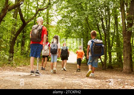 Rear view full length of kids exploring forest while waking on path Stock Photo