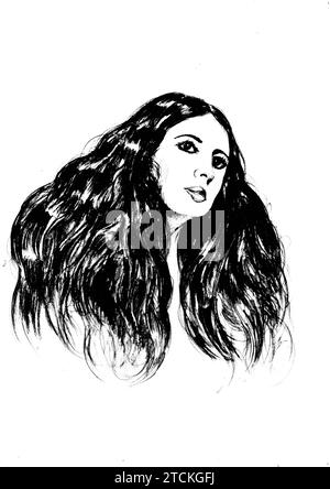 Black and white etching of a young woman's head. Stock Photo