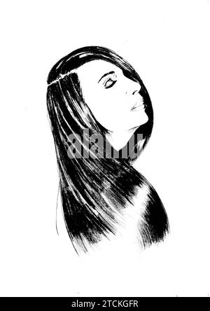 Black and white etching of a young woman's head. Stock Photo