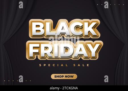 Black Friday promotion sale banner with white text and 3d gold on black background Stock Vector